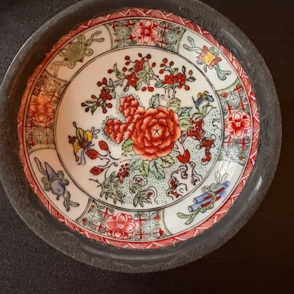 Vintage ISCO Japanese Porcelain Ware Floral Bowl Encased in Pewter Hong Kong 6" - Picture 1 of 5